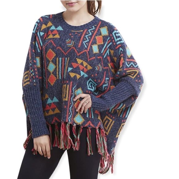 Poncho Oversized OS Gray Aztec Design Wrap Tassels Cape Cloak Pullover - Picture 1 of 8
